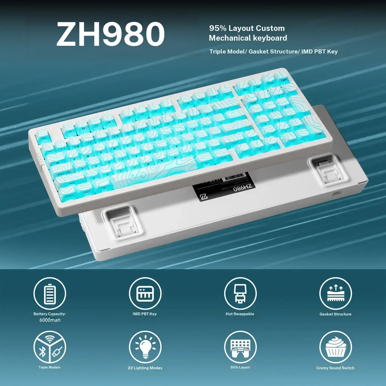 ZORNHER ZH980 95% Wireless Bluetooth Mechanical Gaming Keyboard, Black, Hot Swappable, Clicky, RGB Backlit, 2.4Ghz/Usb-C/Bt5.0, IMD Technology, Computer Peripherals, Gaming Items, Father'S Day Gift Idea, Back to School Shopping
