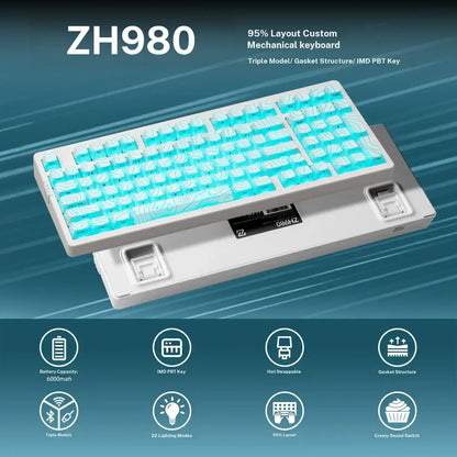 ZORNHER ZH980 95% Wireless Bluetooth Mechanical Gaming Keyboard, Black, Hot Swappable, Clicky, RGB Backlit, 2.4Ghz/Usb-C/Bt5.0, IMD Technology, Computer Peripherals, Gaming Items, Father'S Day Gift Idea, Back to School Shopping