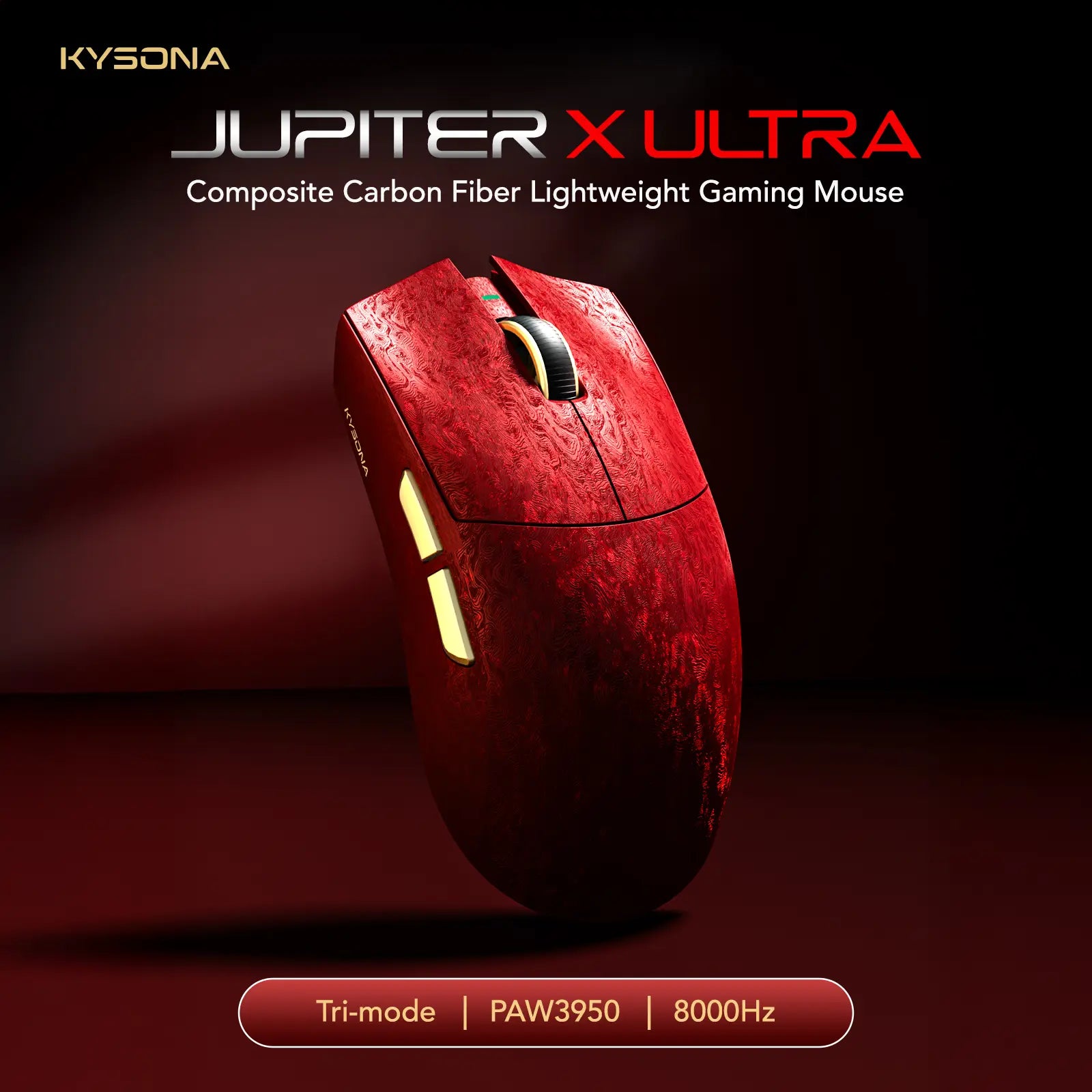 KYSONA Jupiter X Ultra Wireless Gaming Mouse - Carbon Fiber, 61G Ultra Light, PAW3950 30000 DPI Sensor, 70M Omron Optical Switches, 8000Hz Polling Rate, Wired-Wireless-Bluetooth 3 Modes, for Pc/Office & Pro Gamers, Gamer Stuff