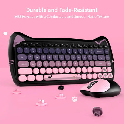 Mofii Adorable Cat-Themed Wireless Keyboard and Mouse Set - Ergonomic Design, Ambidextrous, US QWERTY, Optical Tracking
