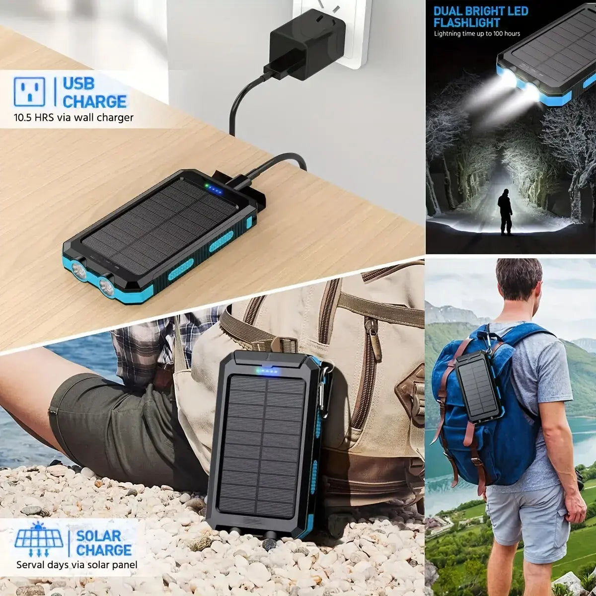 10000Mah Compact Durable Solar Power Bank - Handy Digital Device Accessories, Multi-Use Portable Charger with Dual USB-A Outputs, Flashlight, Compass, Carabiner, Waterproof Tools and Gadgets for Outdoor Activities, Android Phones