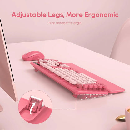 Chic Retro Wireless Keyboard and Mouse Combo - Colorful Round Keycaps, Comfortable Wrist Rest, Sleep Mode, and Multi-OS Compatibility for Mac/Windows (Pink)