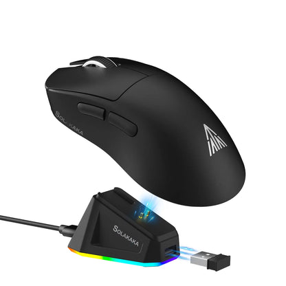 SOLAKAKA SM822 Tri-Mode Cable-Free Gaming Mouse with RGB Magnetic Rechargeable Base, 24000 DPI PAW3311 Sensor, 62G Ultra-Lightweight Tapered Waist Ergonomic Design, Customizable RGB Lighting, Programmable Buttons, Built-In Battery for PC Gamers, Tapered W