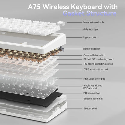 [New]Solakaka A75 Crystal White Wireless Keyboard, Cute RGB 75% Mechanical Keyboard, Tri-Mode Bluetooth/2.4G/Usb-C, Creamy Caramel Latte Linear Switch, Hot Swappable Aesthetic Keyboard for PC Mac Laptop,Back to School,Back to School Shopping