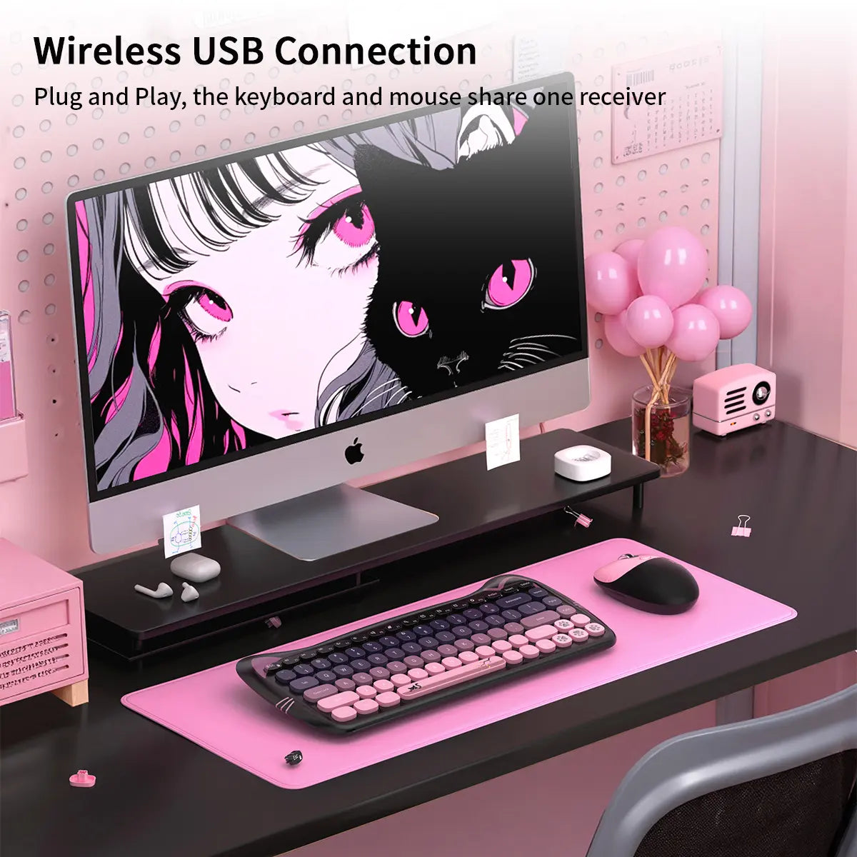 Mofii Adorable Cat-Themed Wireless Keyboard and Mouse Set - Ergonomic Design, Ambidextrous, US QWERTY, Optical Tracking