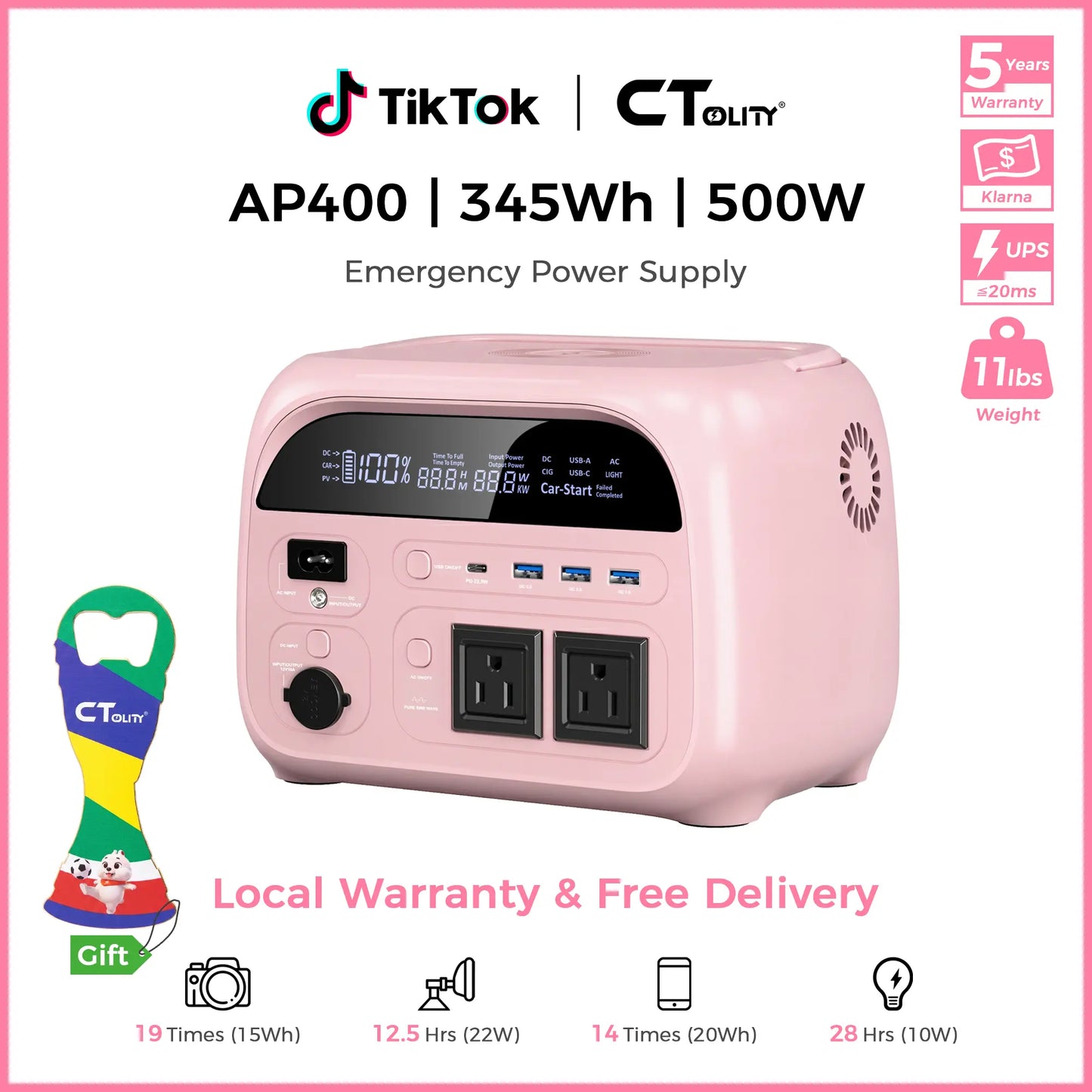 [Summerfinds]Ctolity AP400 Soft Pink 500W 346Wh Portable Power Station Solar Generator - Fast-Charging Backup Battery for Home Emergencies, Camping, Phone Power Needs,Back to School Tiktokshopbacktoschool,Back to School,Back to School Haul