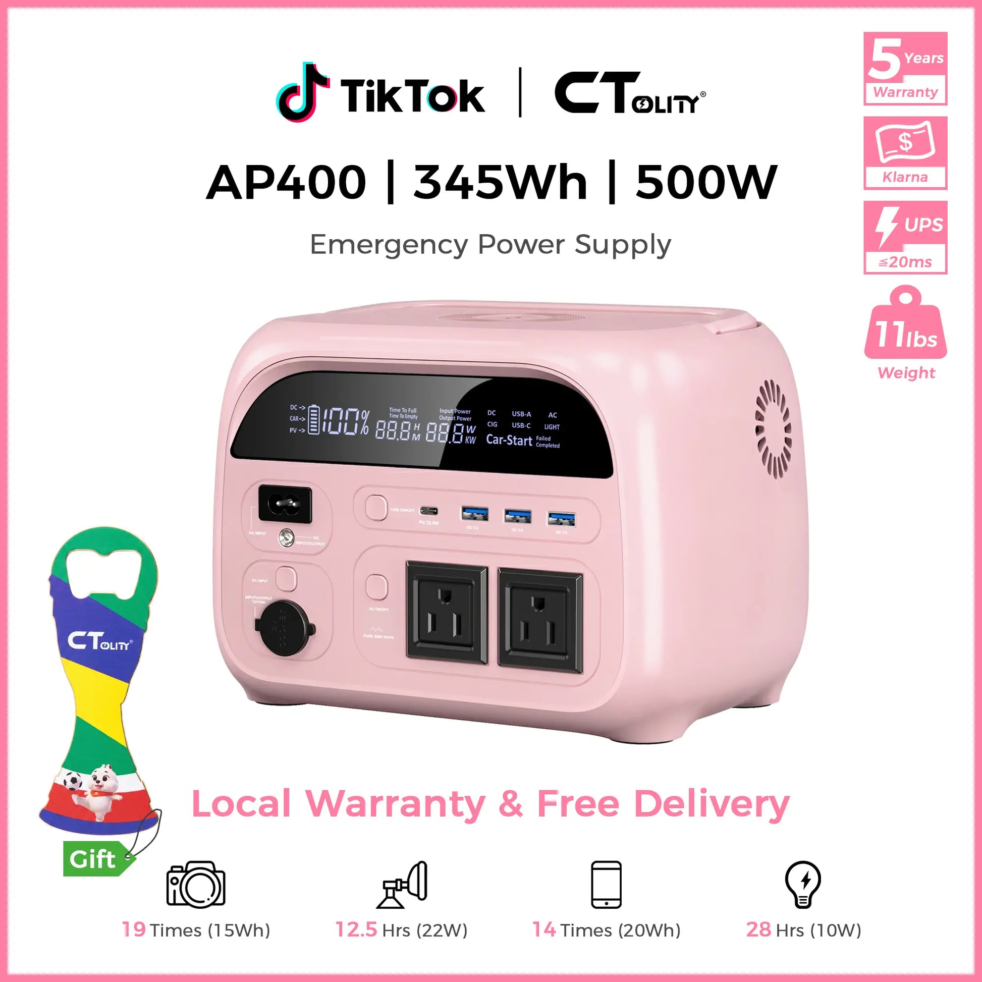[Summerfinds]Ctolity AP400 Soft Pink 500W 346Wh Portable Power Station Solar Generator - Fast-Charging Backup Battery for Home Emergencies, Camping, Phone Power Needs,Back to School Tiktokshopbacktoschool,Back to School,Back to School Haul