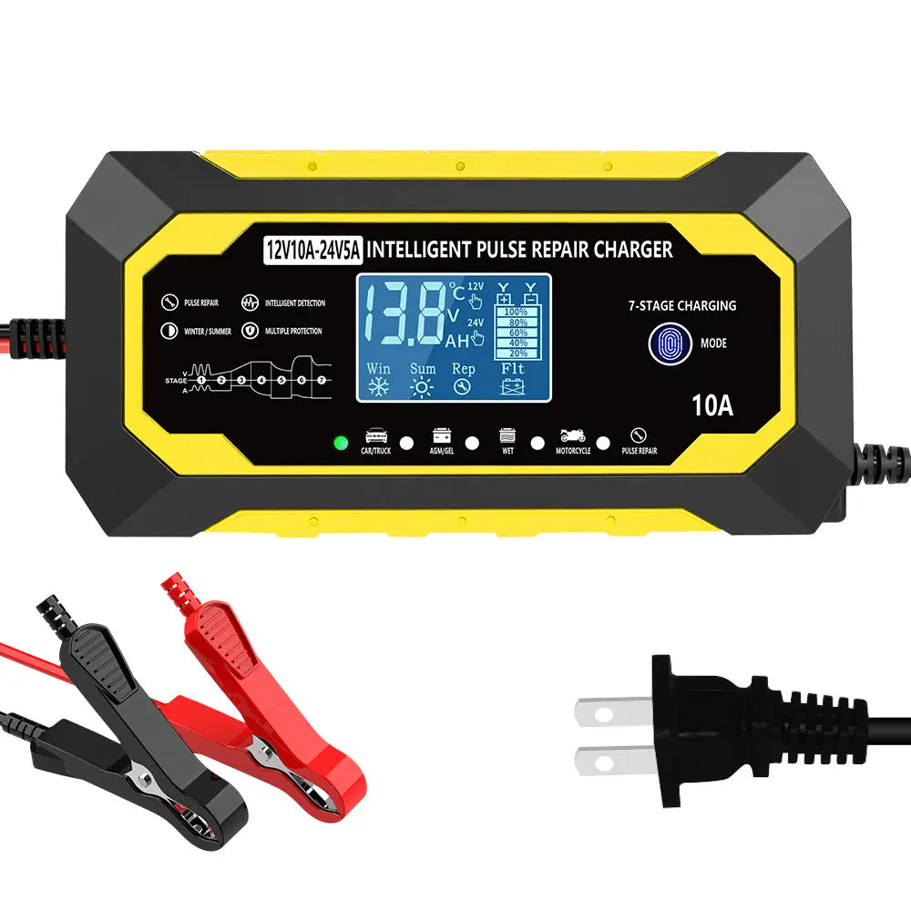 12V 10A-24V 5A Full Auto Fast Car Battery Charger - Intelligent Pulse Repair Replenisher with LCD Screen, Multifunctional for Cars, Trucks, Marine Batteries
