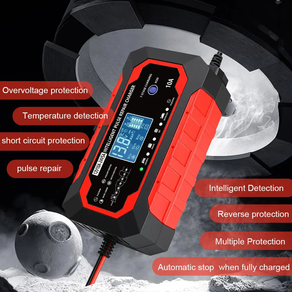 12V 10A-24V 5A Full Auto Fast Car Battery Charger - Intelligent Pulse Repair Replenisher with LCD Screen, Multifunctional for Cars, Trucks, Marine Batteries