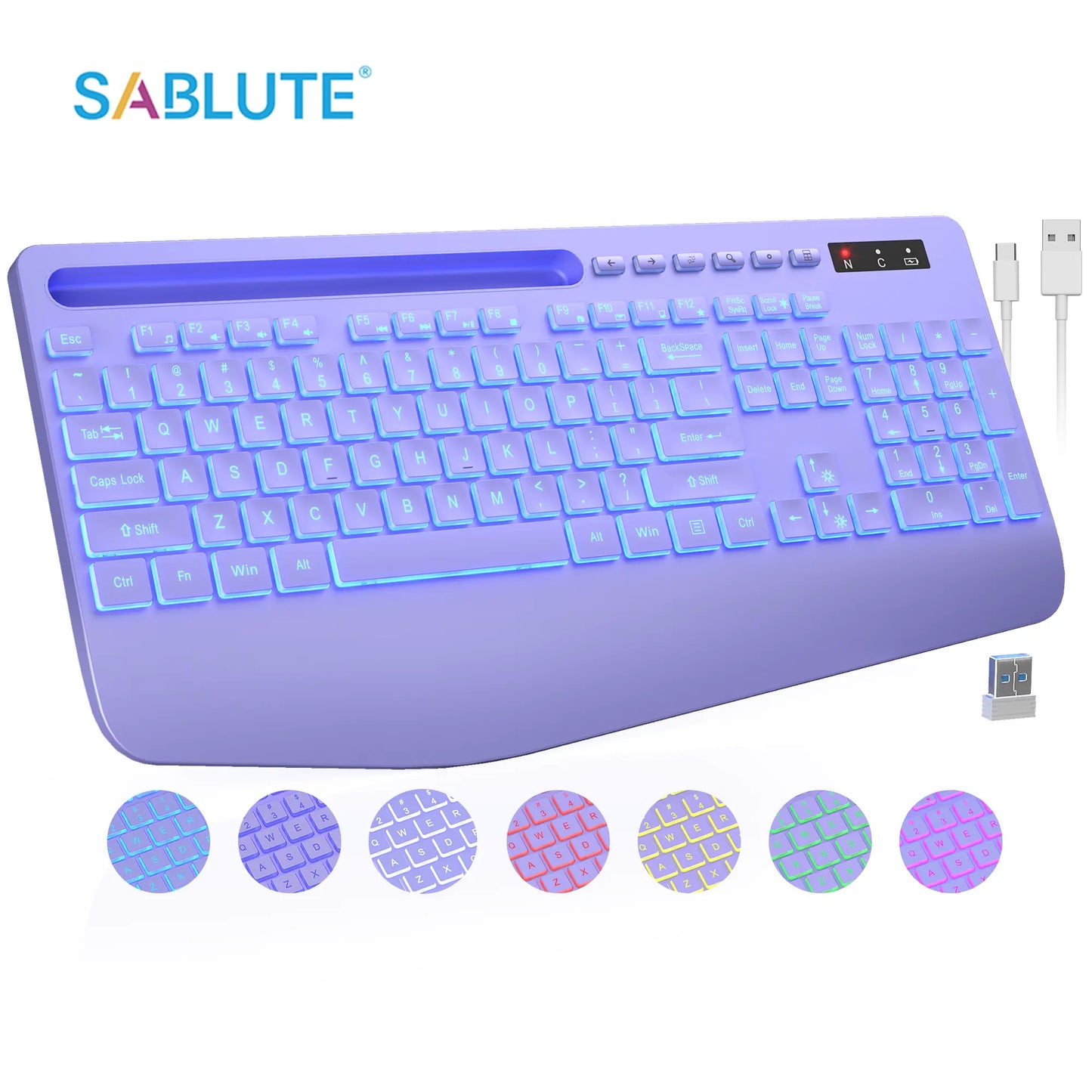 Ergonomic Wireless Keyboard with Rechargeable Battery, 7-Color Backlighting, Wrist Rest, and Phone Stand, Featuring Silent Light Keys