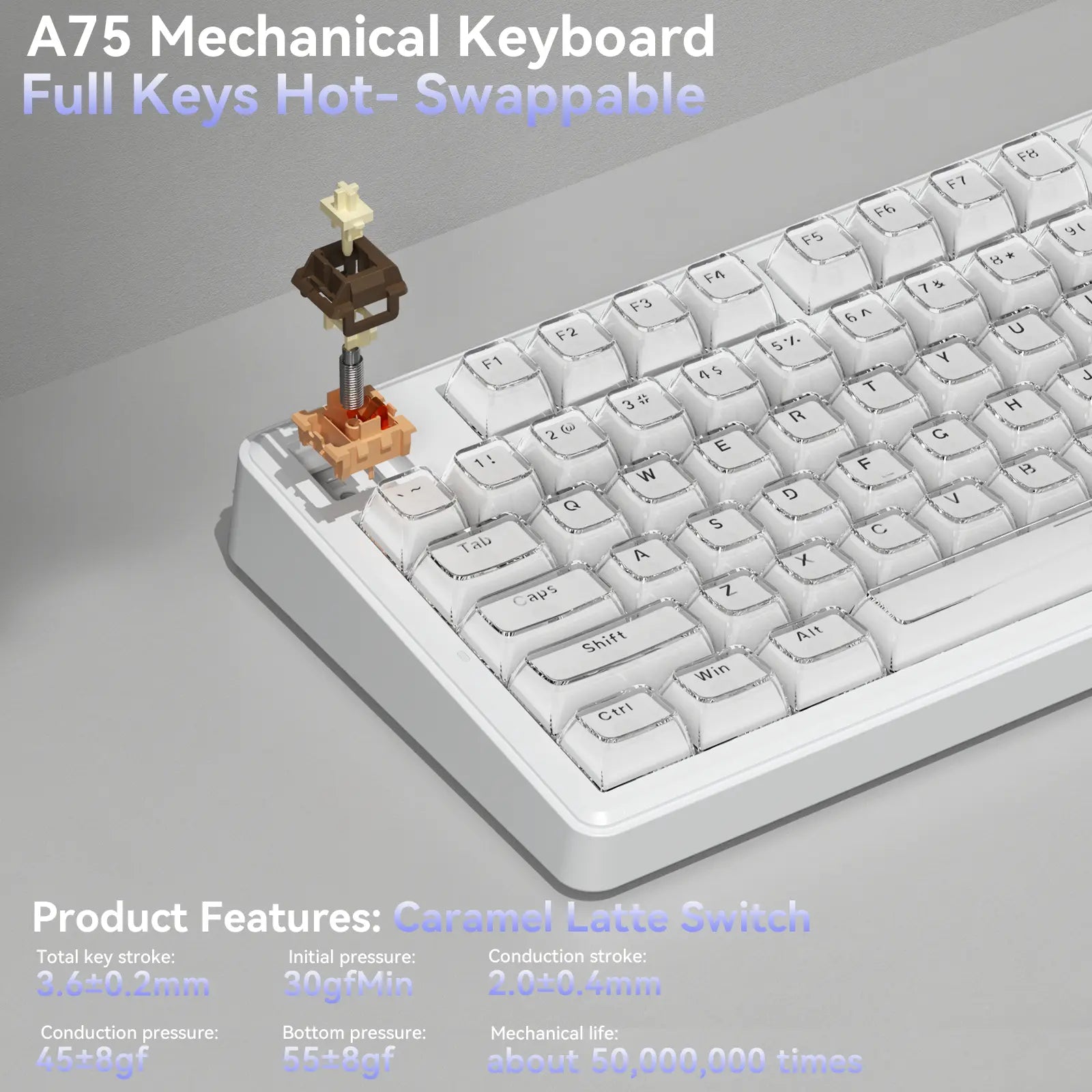 [New]Solakaka A75 Crystal White Wireless Keyboard, Cute RGB 75% Mechanical Keyboard, Tri-Mode Bluetooth/2.4G/Usb-C, Creamy Caramel Latte Linear Switch, Hot Swappable Aesthetic Keyboard for PC Mac Laptop,Back to School,Back to School Shopping