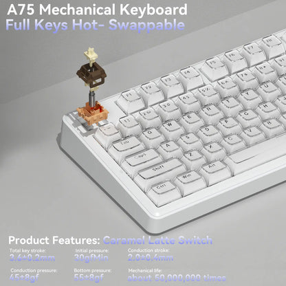 [New]Solakaka A75 Crystal White Wireless Keyboard, Cute RGB 75% Mechanical Keyboard, Tri-Mode Bluetooth/2.4G/Usb-C, Creamy Caramel Latte Linear Switch, Hot Swappable Aesthetic Keyboard for PC Mac Laptop,Back to School,Back to School Shopping