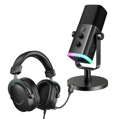 Fifine Dynamic Microphone and Gaming Headset Bundle, 3.5Mm/Usb Wired Headset for PC/PS5/PS4, USB/XLR Podcast Recording Mic with RGB, Mute Button, Real-Time Monitoring for Vocal Youtube (Fifine H9+AM8)