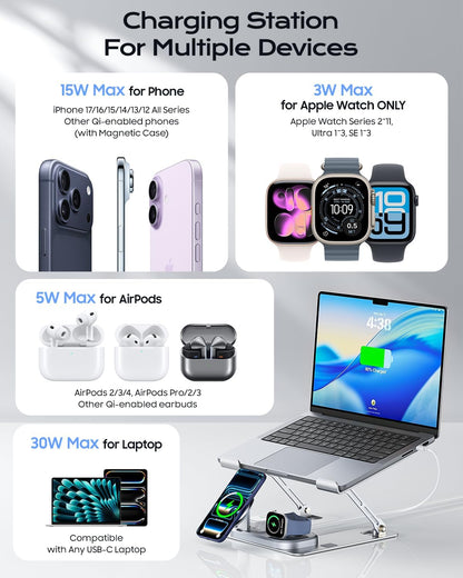 Laptop Stand with Wireless Charging Station Base, Foldable Aluminum Macbook Holder with Magsafe Charger for Iphone/Iwatch/Airpods, 30W USB-C Wired Charging for Laptop/Ipad, with 65W Adapter