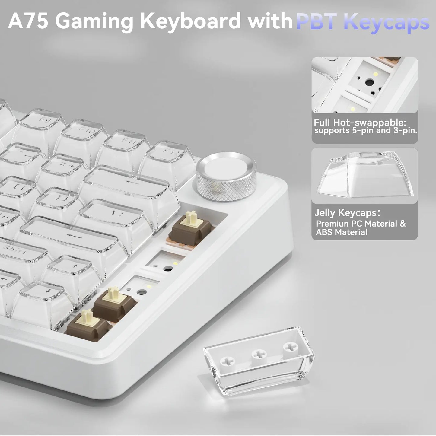 [New]Solakaka A75 Crystal White Wireless Keyboard, Cute RGB 75% Mechanical Keyboard, Tri-Mode Bluetooth/2.4G/Usb-C, Creamy Caramel Latte Linear Switch, Hot Swappable Aesthetic Keyboard for PC Mac Laptop,Back to School,Back to School Shopping