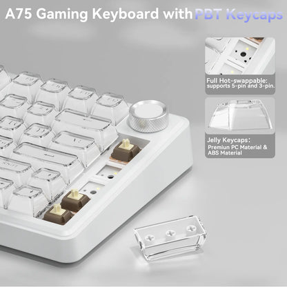 [New]Solakaka A75 Crystal White Wireless Keyboard, Cute RGB 75% Mechanical Keyboard, Tri-Mode Bluetooth/2.4G/Usb-C, Creamy Caramel Latte Linear Switch, Hot Swappable Aesthetic Keyboard for PC Mac Laptop,Back to School,Back to School Shopping