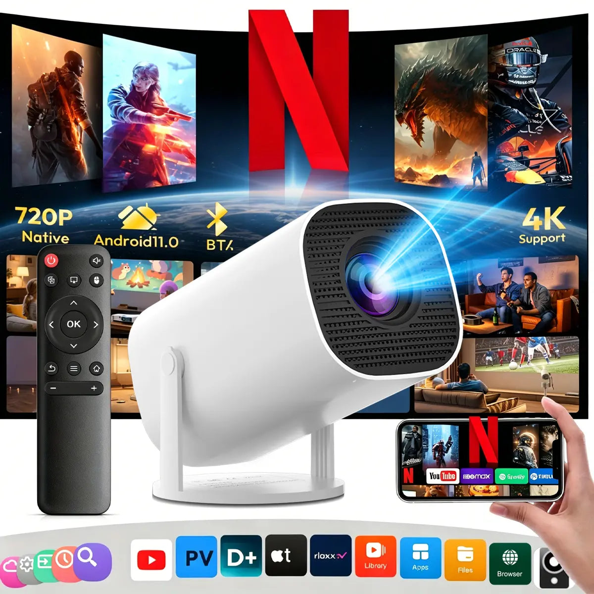 Mini Projector 350 ANSI Lumens, 720P Native Resolution with 4K Decoding | Android 13, Dual Wi-Fi 6, Bluetooth 5.2 | Auto Keystone Adjustment, 130" Screen for Home Cinema | Available in US Stock