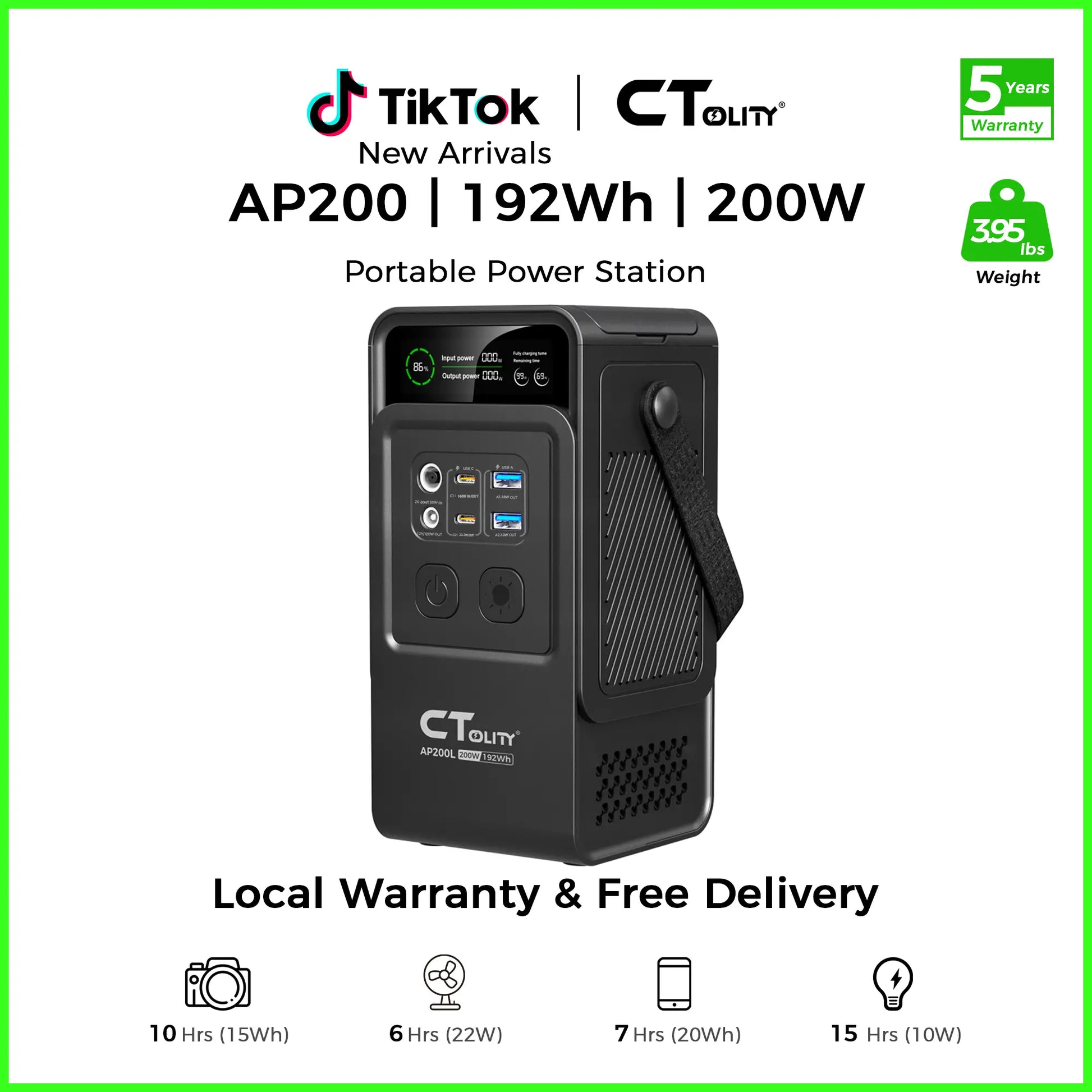 [Tiktokshopbacktoschool]Ctolity AP200 Portable Power Bank 192Wh 200W Lifepo4 Battery 4000+ Cycle 140W Fast Charging LED DC Solar 150W, Accessories, Mobile