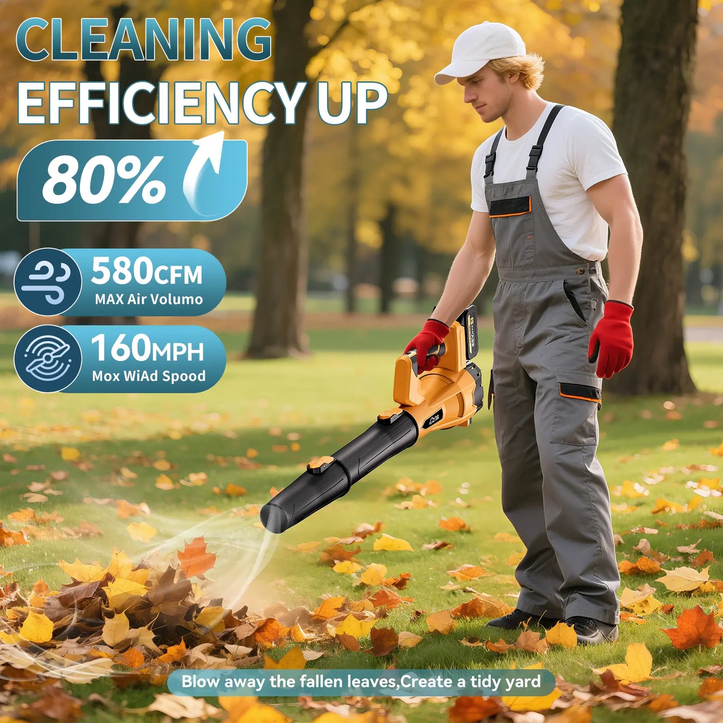 TANLOOK HC2 High-Power Electric Leaf Blower - 580 CFM Power, 160 MPH, 2×4Ah Batteries Included, Adjustable Speed, High Airflow for Leaves & Snow on Outdoor Surfaces, Ideal Garden Tool for Autumn/Winter Care, 580Cfm Power