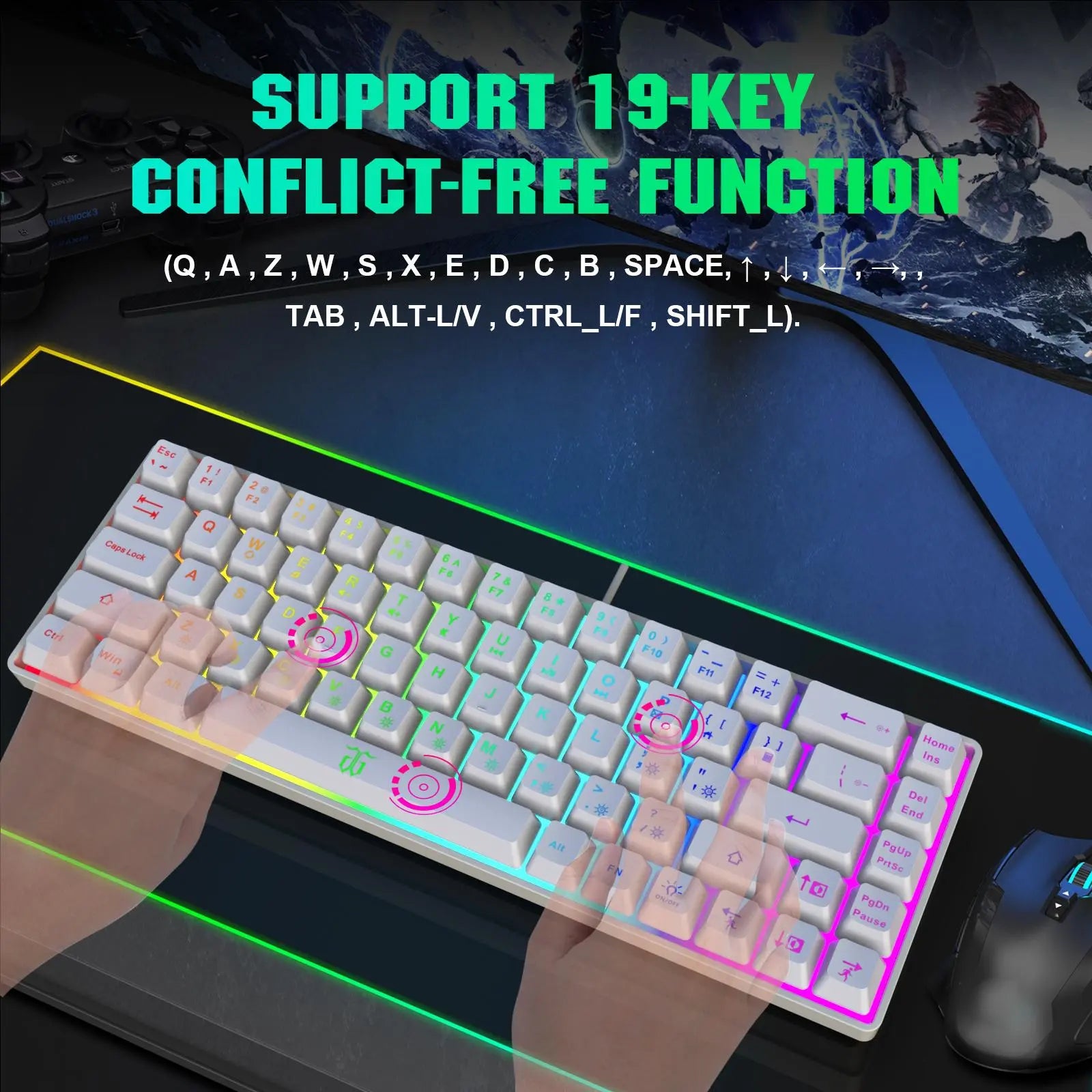 68 Keys 60% Gaming Keyboard, RGB Rainbow LED Backlit Mini Keyboard, Ergonomic Mechanical Feel Keyboard, Full Compatibility for Windows PC Laptop Compact