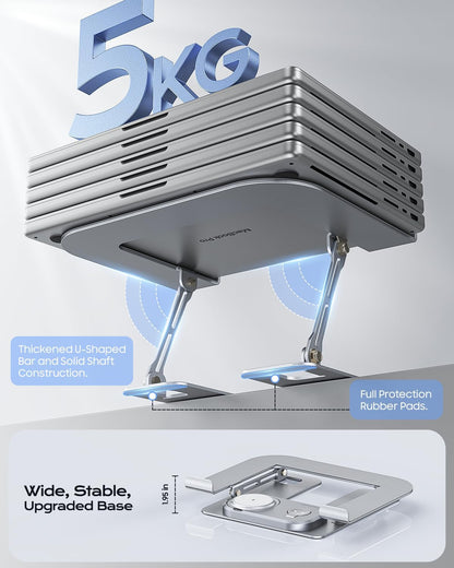 Laptop Stand with Wireless Charging Station Base, Foldable Aluminum Macbook Holder with Magsafe Charger for Iphone/Iwatch/Airpods, 30W USB-C Wired Charging for Laptop/Ipad, with 65W Adapter