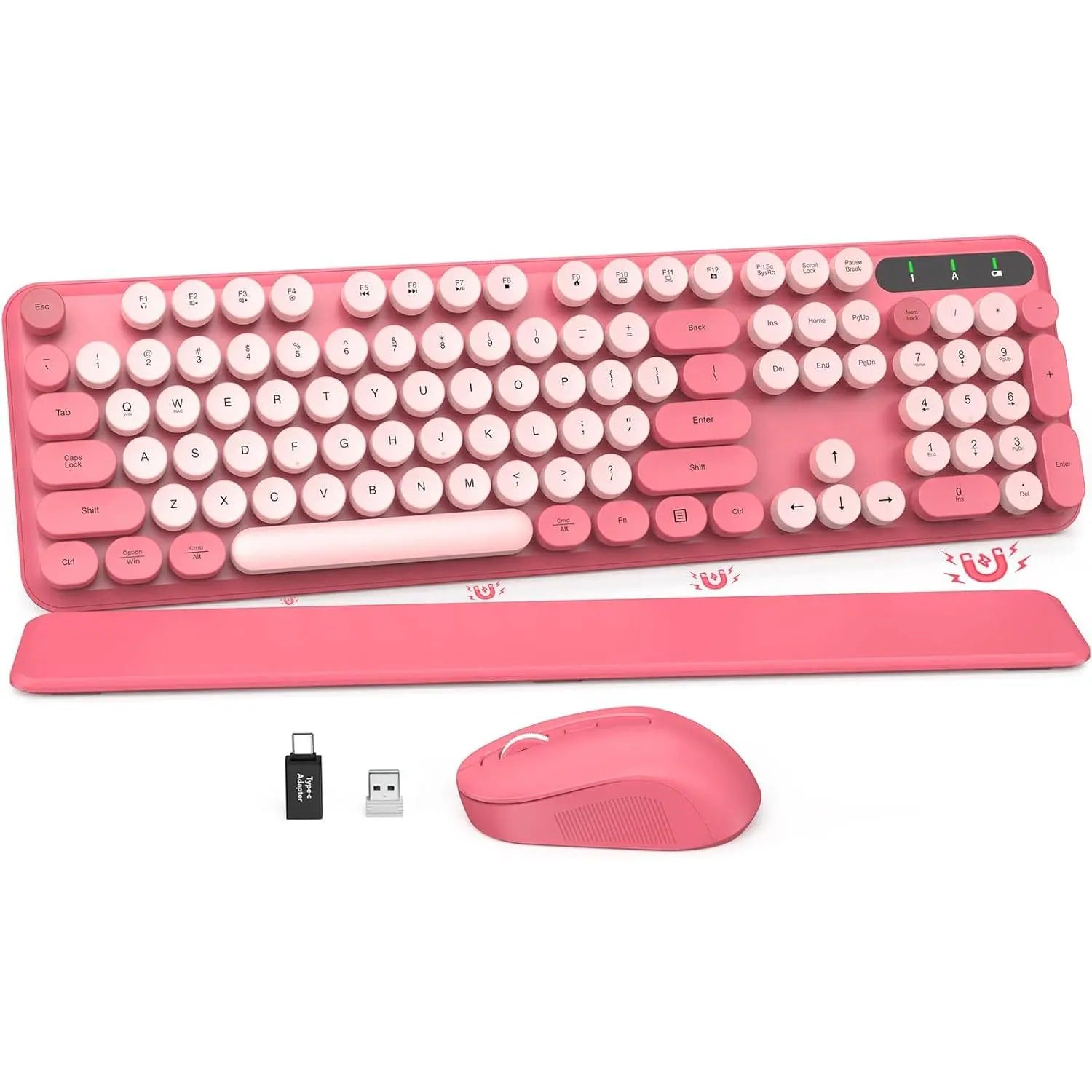 Chic Retro Wireless Keyboard and Mouse Combo - Colorful Round Keycaps, Comfortable Wrist Rest, Sleep Mode, and Multi-OS Compatibility for Mac/Windows (Pink)