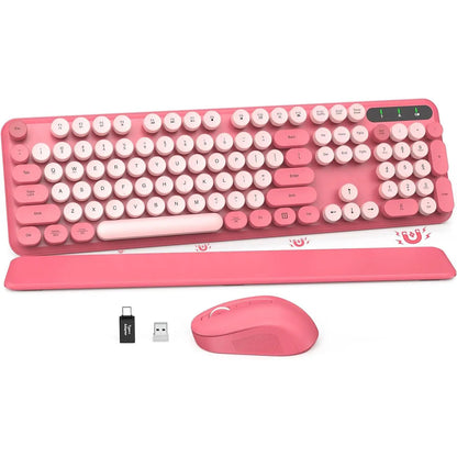 Chic Retro Wireless Keyboard and Mouse Combo - Colorful Round Keycaps, Comfortable Wrist Rest, Sleep Mode, and Multi-OS Compatibility for Mac/Windows (Pink)