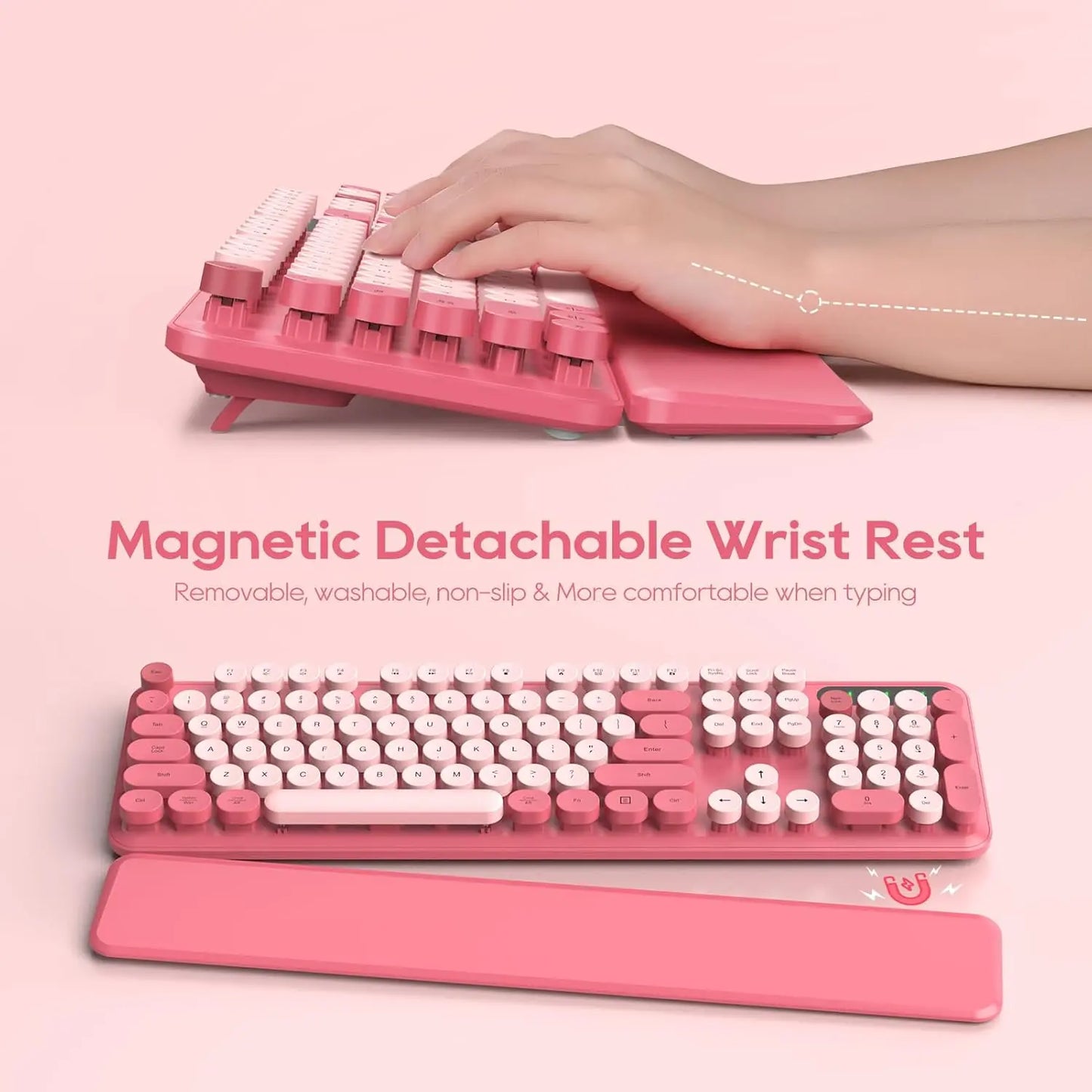 Chic Retro Wireless Keyboard and Mouse Combo - Colorful Round Keycaps, Comfortable Wrist Rest, Sleep Mode, and Multi-OS Compatibility for Mac/Windows (Pink)