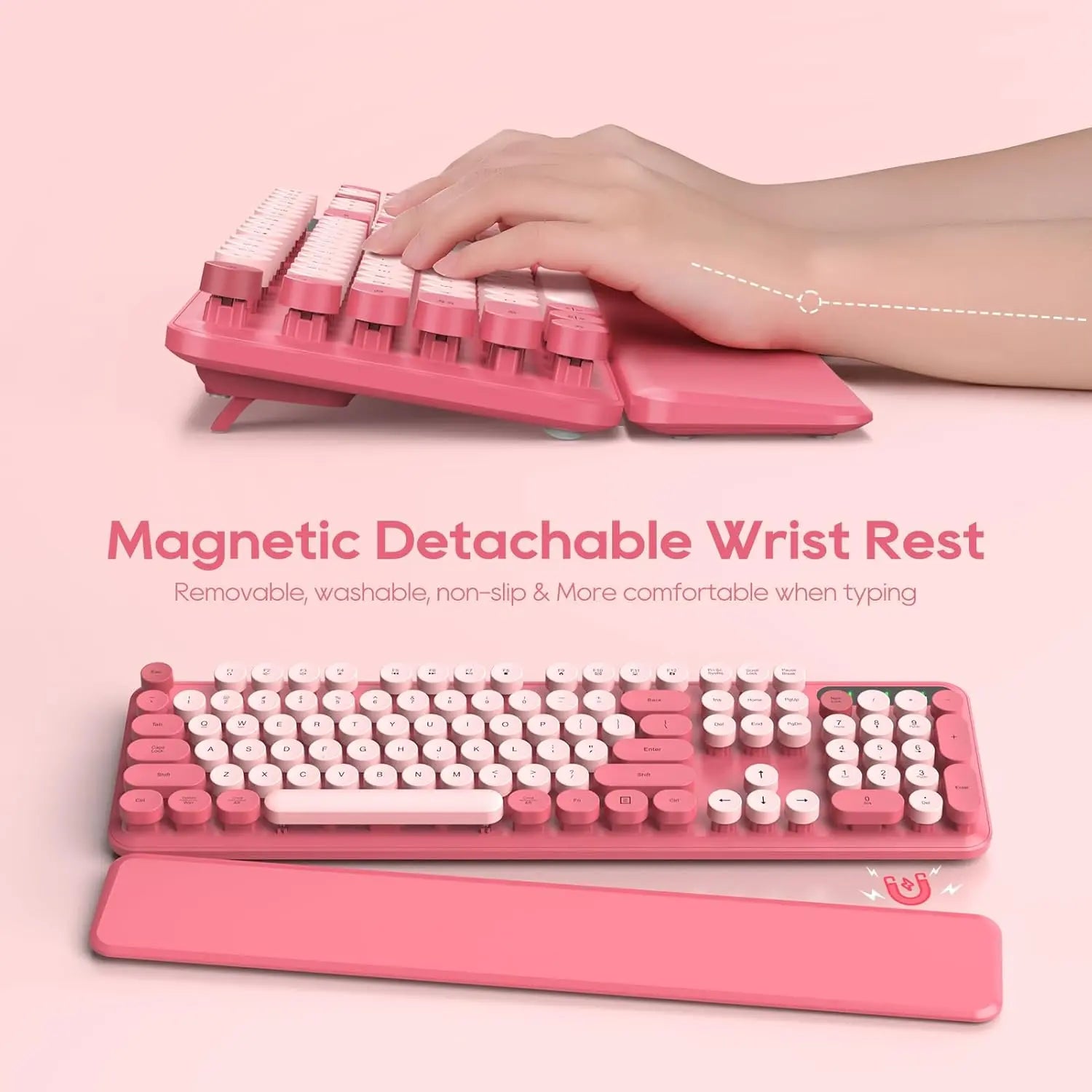 Chic Retro Wireless Keyboard and Mouse Combo - Colorful Round Keycaps, Comfortable Wrist Rest, Sleep Mode, and Multi-OS Compatibility for Mac/Windows (Pink)