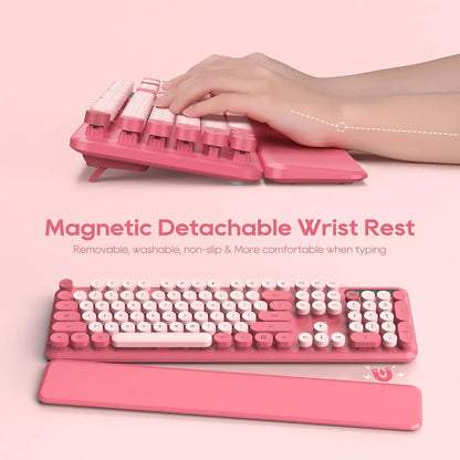 Chic Retro Wireless Keyboard and Mouse Combo - Colorful Round Keycaps, Comfortable Wrist Rest, Sleep Mode, and Multi-OS Compatibility for Mac/Windows (Pink)
