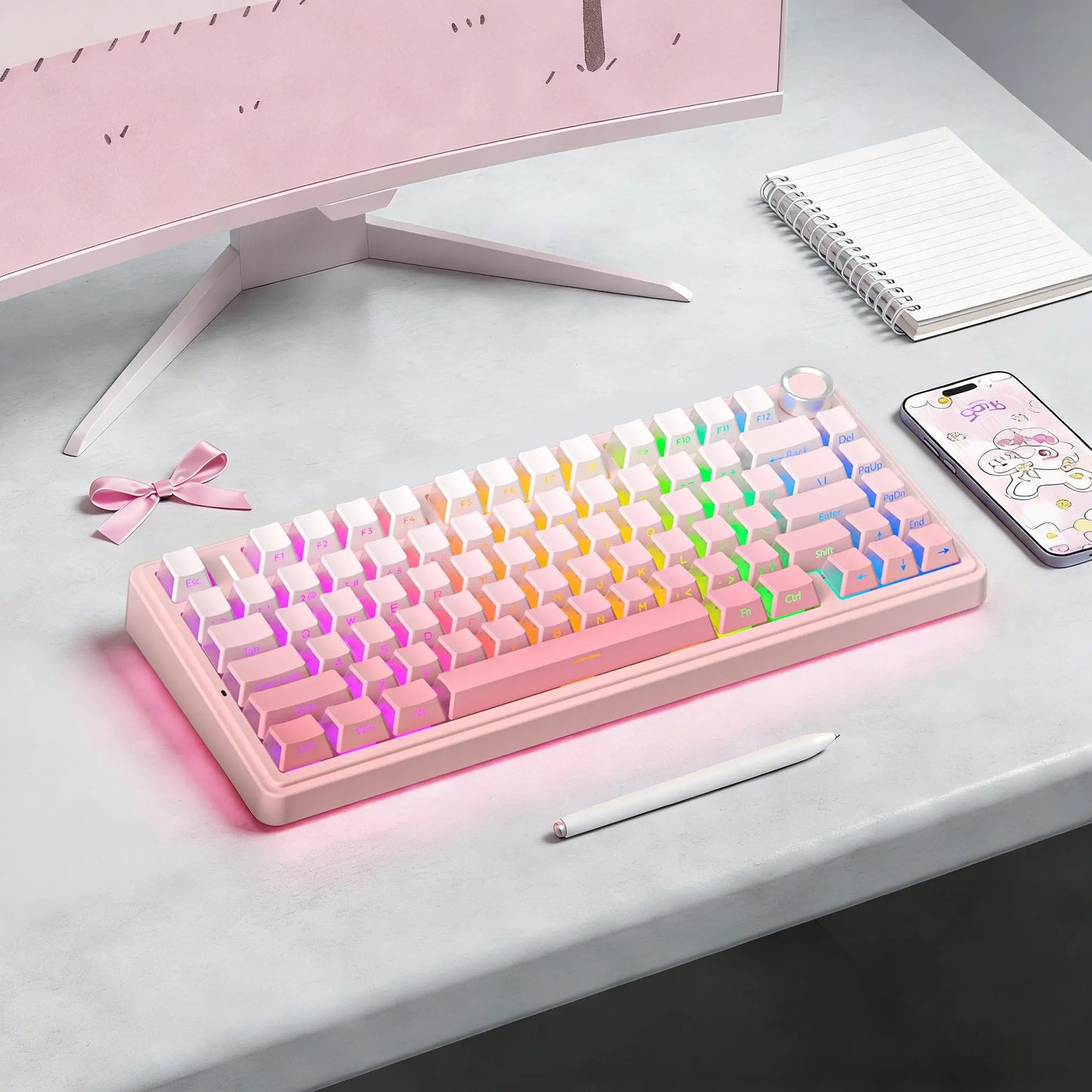 AULA F75 Pro Pink Aesthetic Bluetooth Keyboard - Creamy Silent Mechanical Keyboard with 3-Side Glow RGB Keycaps, Customizable Switches for Cute Desk Setup, Creamy Keyboard,Back to School,Back to School Haul