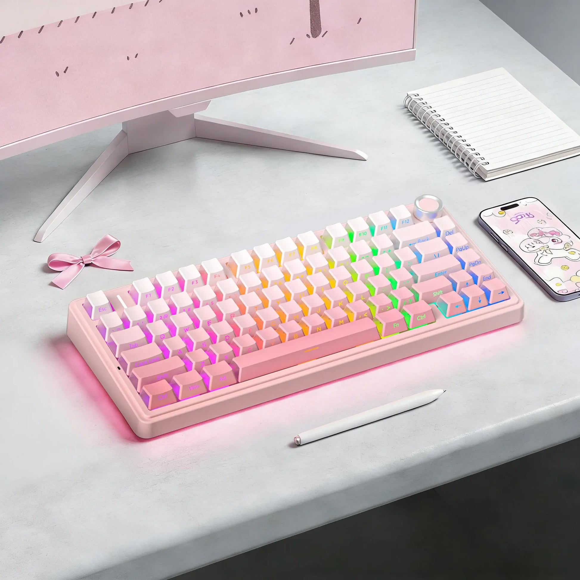 AULA F75 Pro Pink Aesthetic Bluetooth Keyboard - Creamy Silent Mechanical Keyboard with 3-Side Glow RGB Keycaps, Customizable Switches for Cute Desk Setup, Creamy Keyboard,Back to School,Back to School Haul