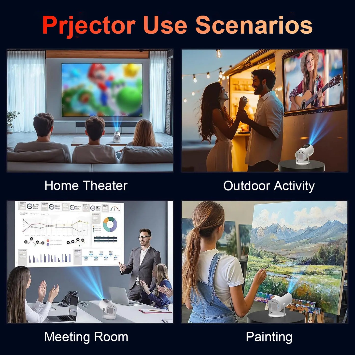 Mini Projector 350 ANSI Lumens, 720P Native Resolution with 4K Decoding | Android 13, Dual Wi-Fi 6, Bluetooth 5.2 | Auto Keystone Adjustment, 130" Screen for Home Cinema | Available in US Stock