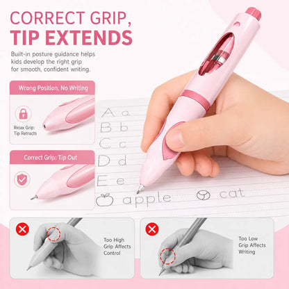 Write Right Ergonomic Pen Grip Writing Aid - Self-Advancing, Posture-Training Cute Pencils for Students, Home Tutoring - Pen Control Flexibility Tool, 12 Refills, Smiley Face Designs - Back to School Haul, First Day of School Supplies (2026-2027 Season)
