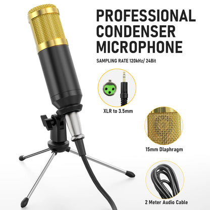 Facmogu F998 Professional Podcast Equipment Bundle - Audio Interface, BM800 Condenser Microphone, Tripod Stand, USB Cable, Card Slot, Control Buttons for Live Streaming, Recording Device, Metal