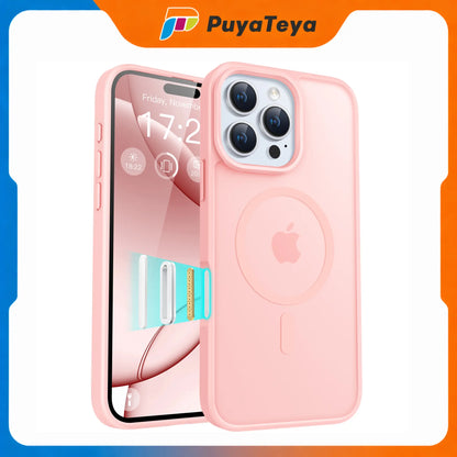 Puyateya Fashion Protective Magnetic Matte TPU Case with Magnetic Ring for Iphone 15/16/Pro/Pro Max, 3-Layer Shock TPU, Military Grade Anti-Drop, Anti-Scratch Translucent, Wireless Charge Compatible Phone Accessories
