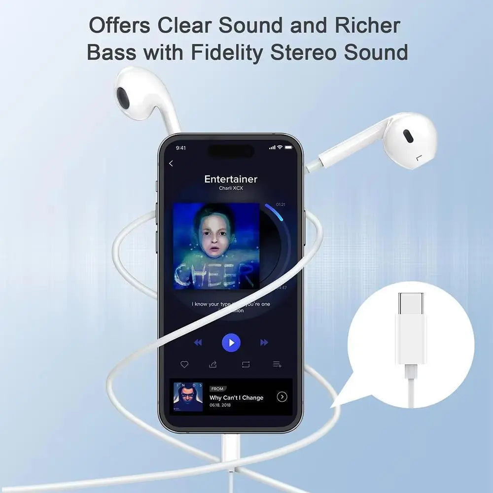 USB-C Earphones with Mic, Volume Control, Hifi Stereo - Compatible with Iphone 17/17 Pro/16/15, Samsung S25/S24/S23, Pixel 10/9, Oneplus & USB-C Phones