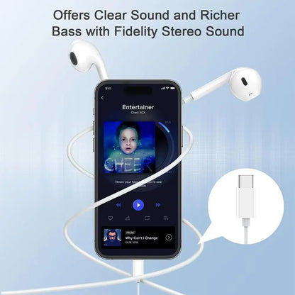 USB-C Earphones with Mic, Volume Control, Hifi Stereo - Compatible with Iphone 17/17 Pro/16/15, Samsung S25/S24/S23, Pixel 10/9, Oneplus & USB-C Phones
