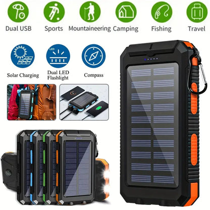 10000Mah Compact Durable Solar Power Bank - Handy Digital Device Accessories, Multi-Use Portable Charger with Dual USB-A Outputs, Flashlight, Compass, Carabiner, Waterproof Tools and Gadgets for Outdoor Activities, Android Phones