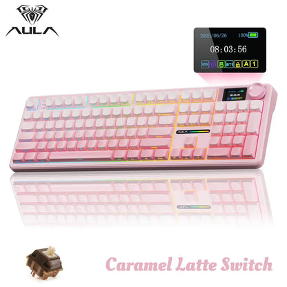 New AULA F108 Pro Tri Mode Wireless Mechanical Gaming Keyboard Hot Swappable RGB Backlit Smart Screen and Knob Full Size with Num Pad USB C BT 2.4G for E Sports and Office Use