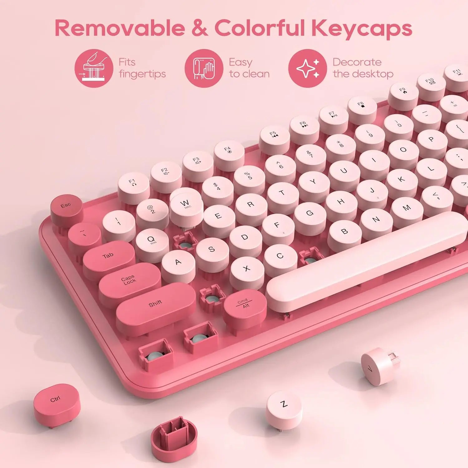 Chic Retro Wireless Keyboard and Mouse Combo - Colorful Round Keycaps, Comfortable Wrist Rest, Sleep Mode, and Multi-OS Compatibility for Mac/Windows (Pink)