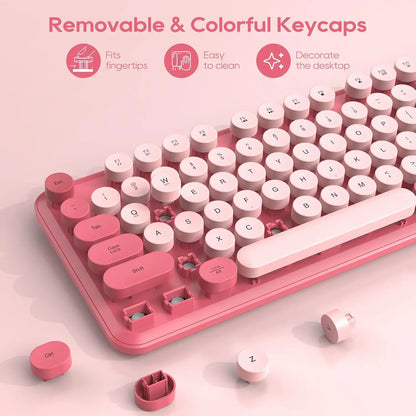 Chic Retro Wireless Keyboard and Mouse Combo - Colorful Round Keycaps, Comfortable Wrist Rest, Sleep Mode, and Multi-OS Compatibility for Mac/Windows (Pink)