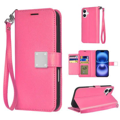 Premium Synthetic Leather Bi-Fold Wallet Case with Strap for Apple iPhone 16 - Stylish Credit Card Holder and Stand