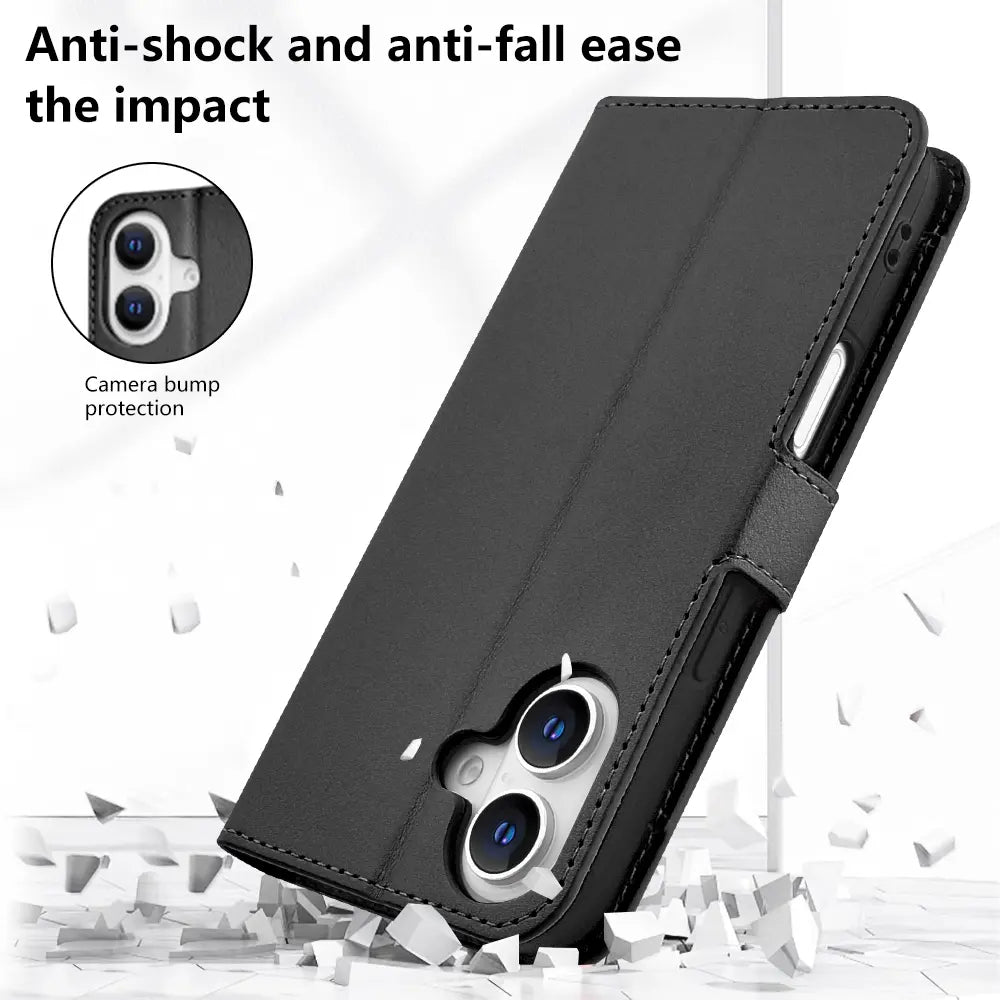 Premium Synthetic Leather Bi-Fold Wallet Case with Strap for Apple iPhone 16 - Stylish Credit Card Holder and Stand