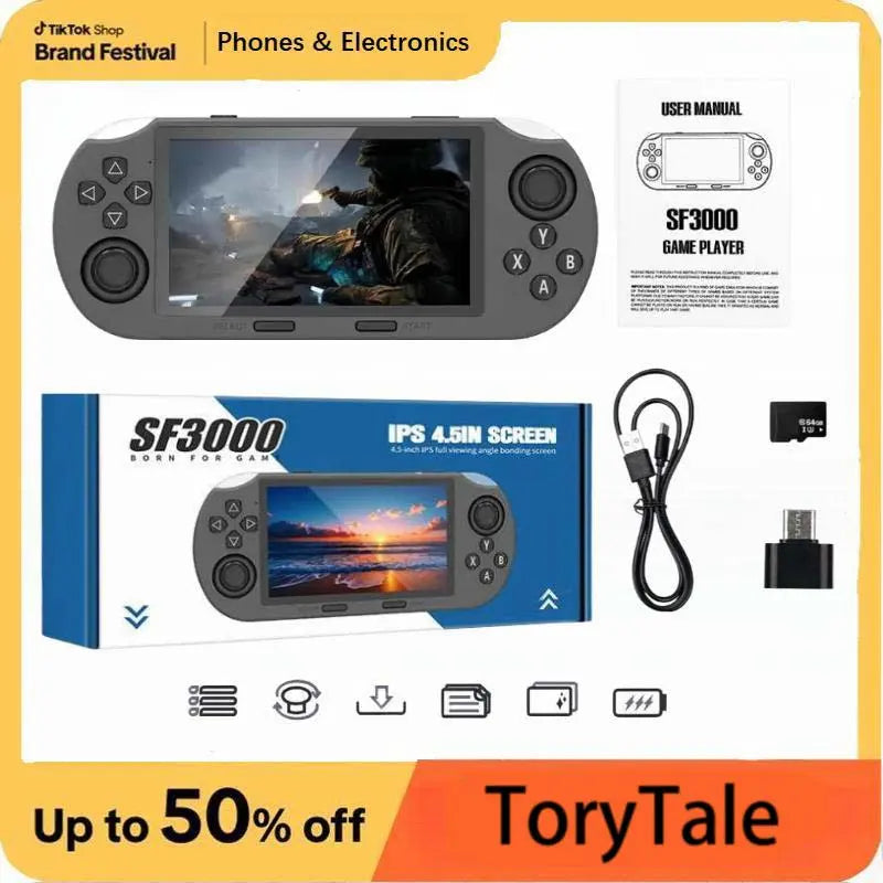 SF3000 Retro Handheld Game Console - 4.5In (854*480) IPS Screen , Linux System, 20000+ Classic Arcade Games, Emergency Charger & E-Book Support, Gamer Stuff, Cool Tech Gadgets, Unique Gifts for Man, Men'S Personal Gadgets (Black), Tools and Gadgets, Fa