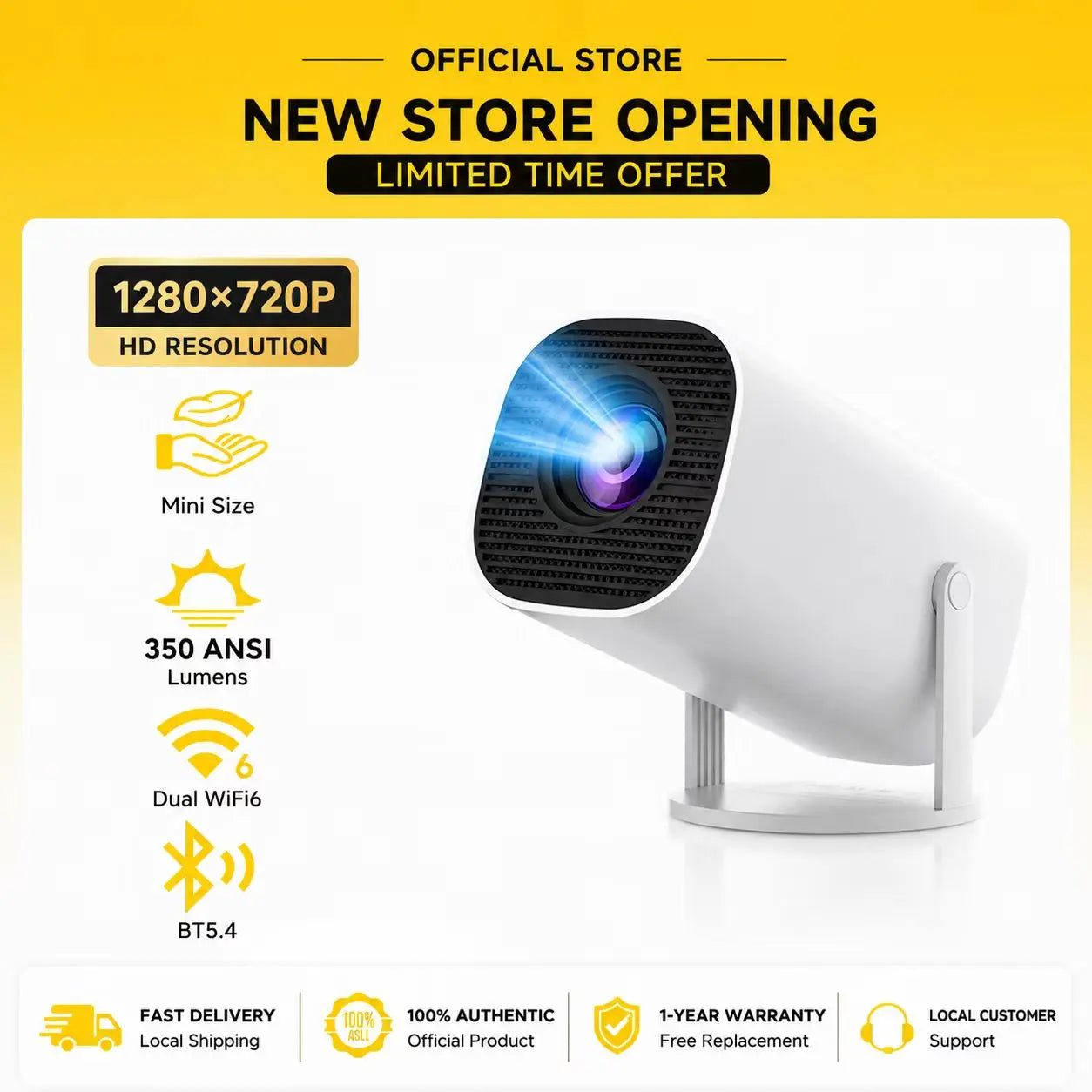 Mini Projector 350 ANSI Lumens, 720P Native Resolution with 4K Decoding | Android 13, Dual Wi-Fi 6, Bluetooth 5.2 | Auto Keystone Adjustment, 130" Screen for Home Cinema | Available in US Stock