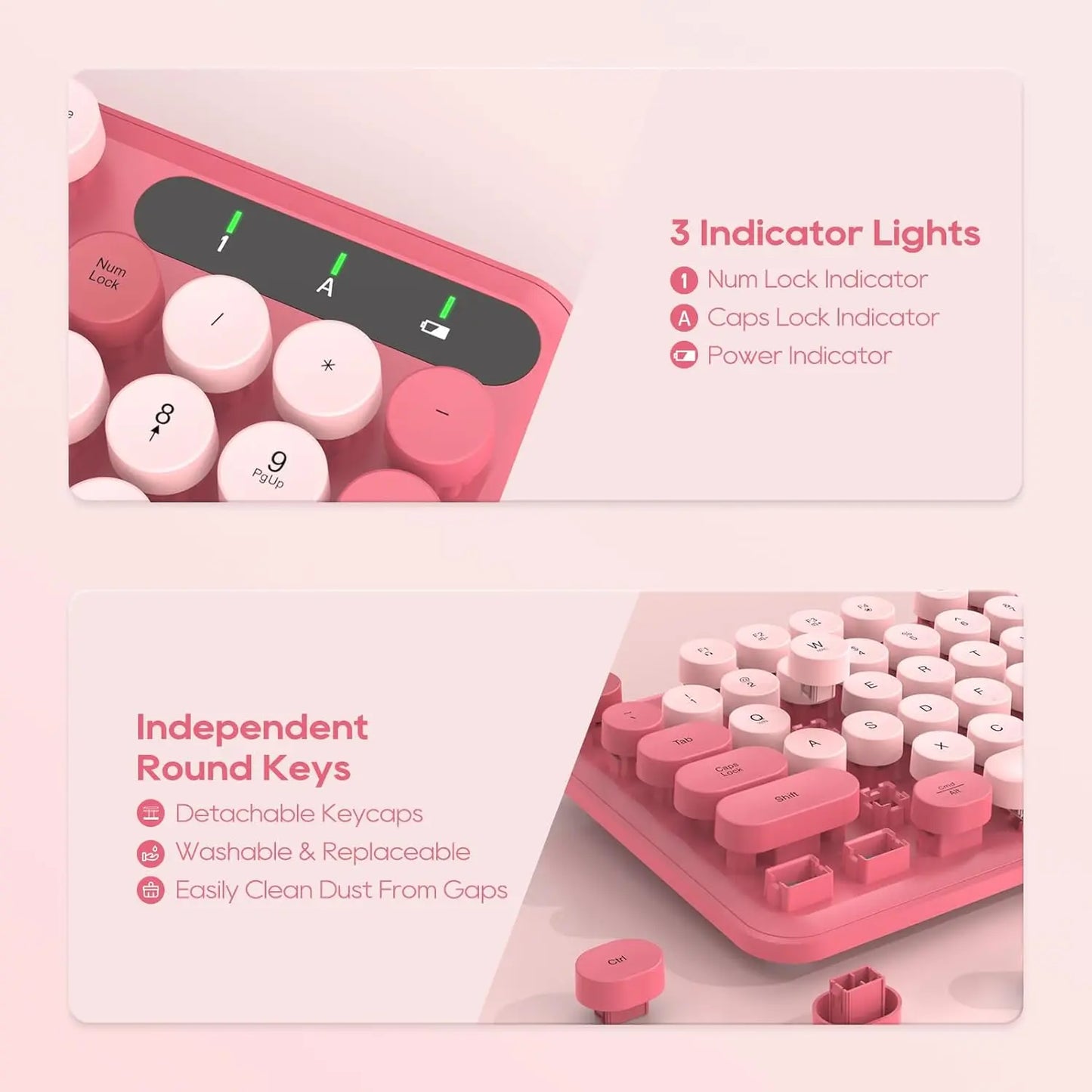 Chic Retro Wireless Keyboard and Mouse Combo - Colorful Round Keycaps, Comfortable Wrist Rest, Sleep Mode, and Multi-OS Compatibility for Mac/Windows (Pink)