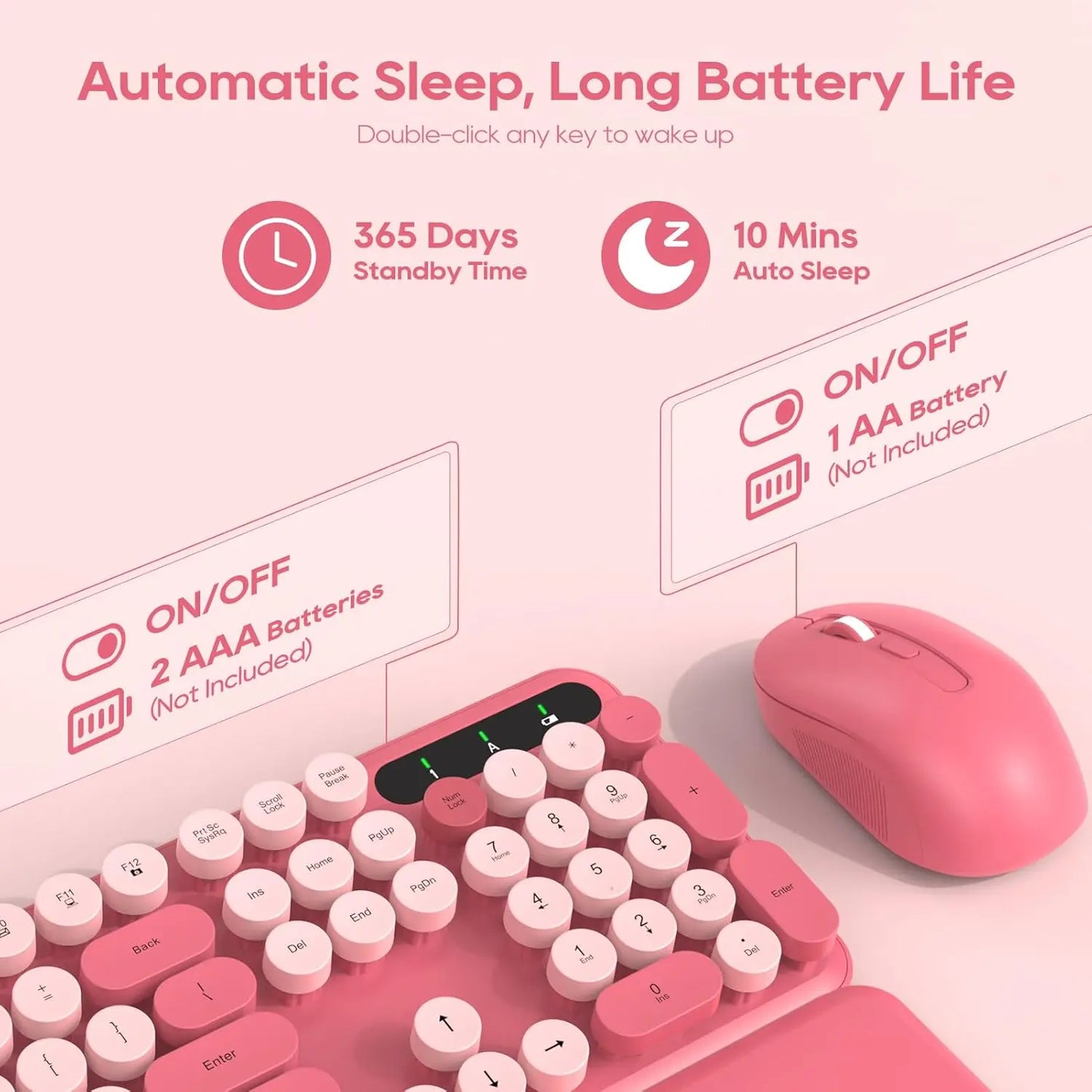 Chic Retro Wireless Keyboard and Mouse Combo - Colorful Round Keycaps, Comfortable Wrist Rest, Sleep Mode, and Multi-OS Compatibility for Mac/Windows (Pink)