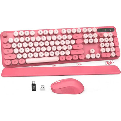 Chic Retro Wireless Keyboard and Mouse Combo - Colorful Round Keycaps, Comfortable Wrist Rest, Sleep Mode, and Multi-OS Compatibility for Mac/Windows (Pink)