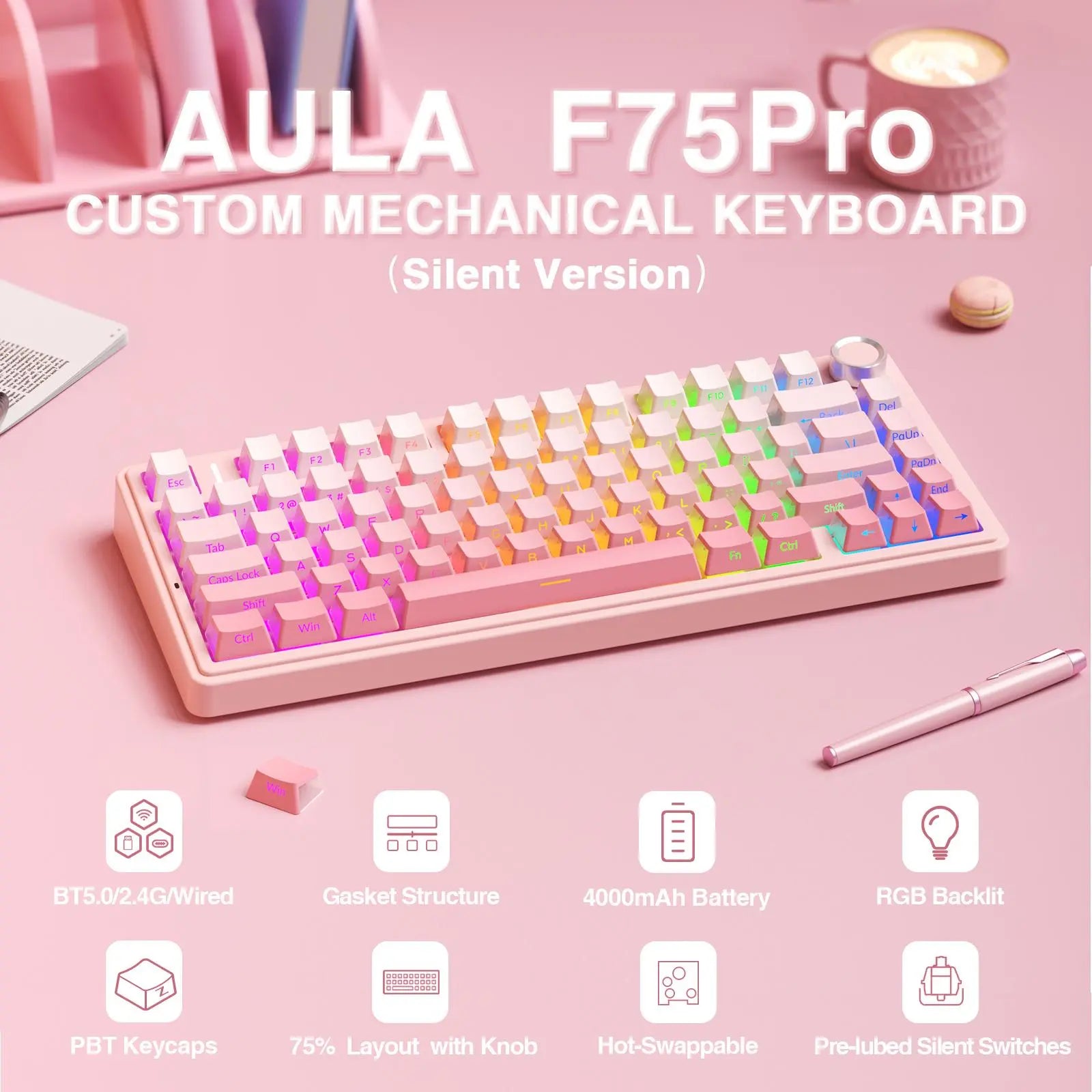AULA F75 Pro Pink Aesthetic Bluetooth Keyboard - Creamy Silent Mechanical Keyboard with 3-Side Glow RGB Keycaps, Customizable Switches for Cute Desk Setup, Creamy Keyboard,Back to School,Back to School Haul